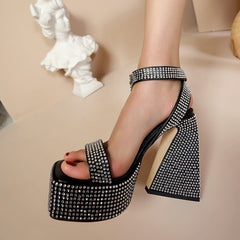 Davina Platform Chunky Heel Rhinestone Studded Sandals