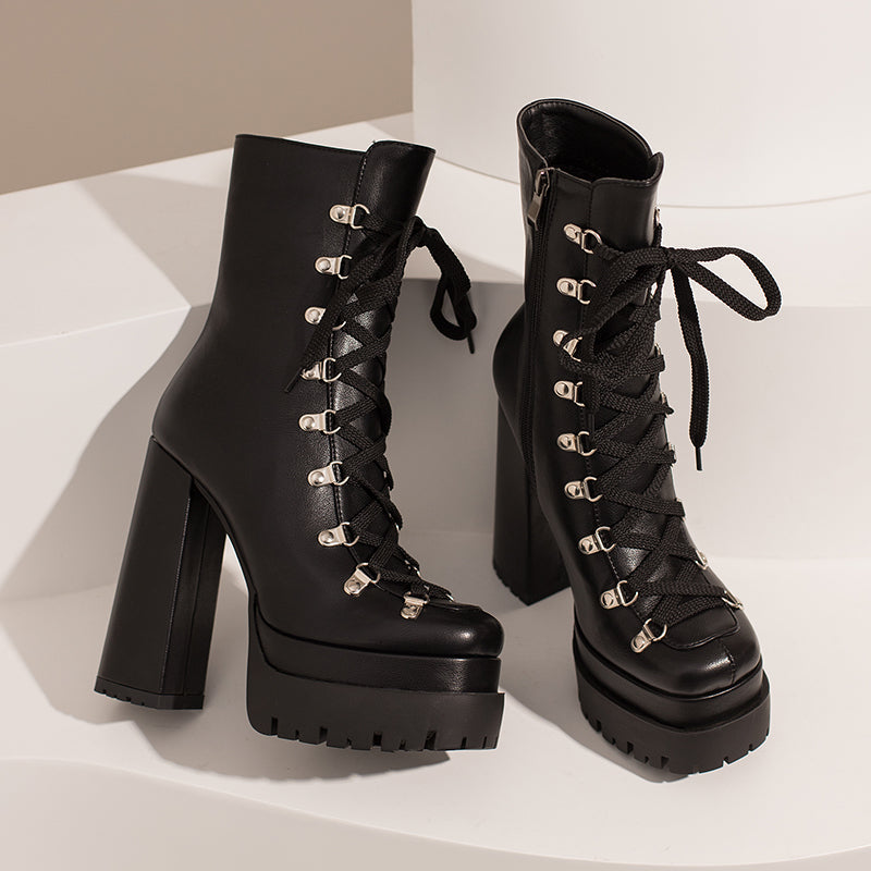 Fay Lace up Black Platform Ankle Boots