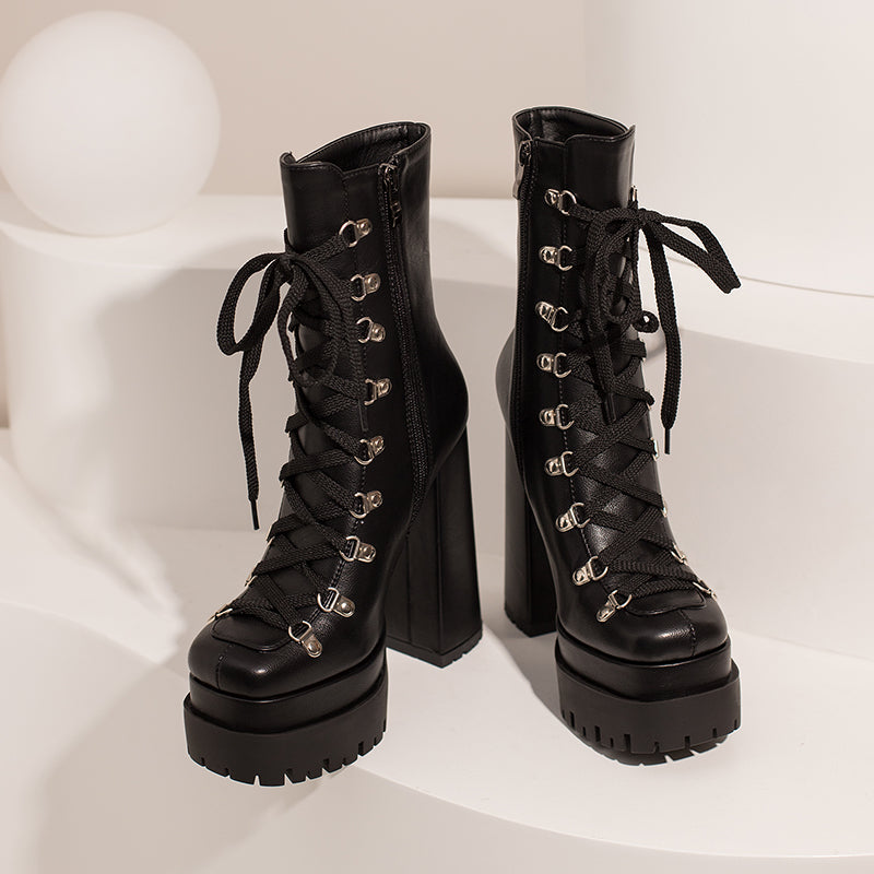 Fay Lace up Black Platform Ankle Boots