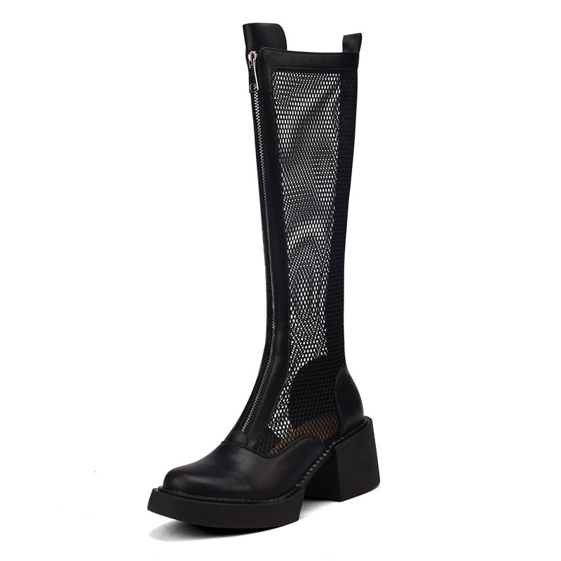 Evie Black Mesh Knee High Boots with Heels