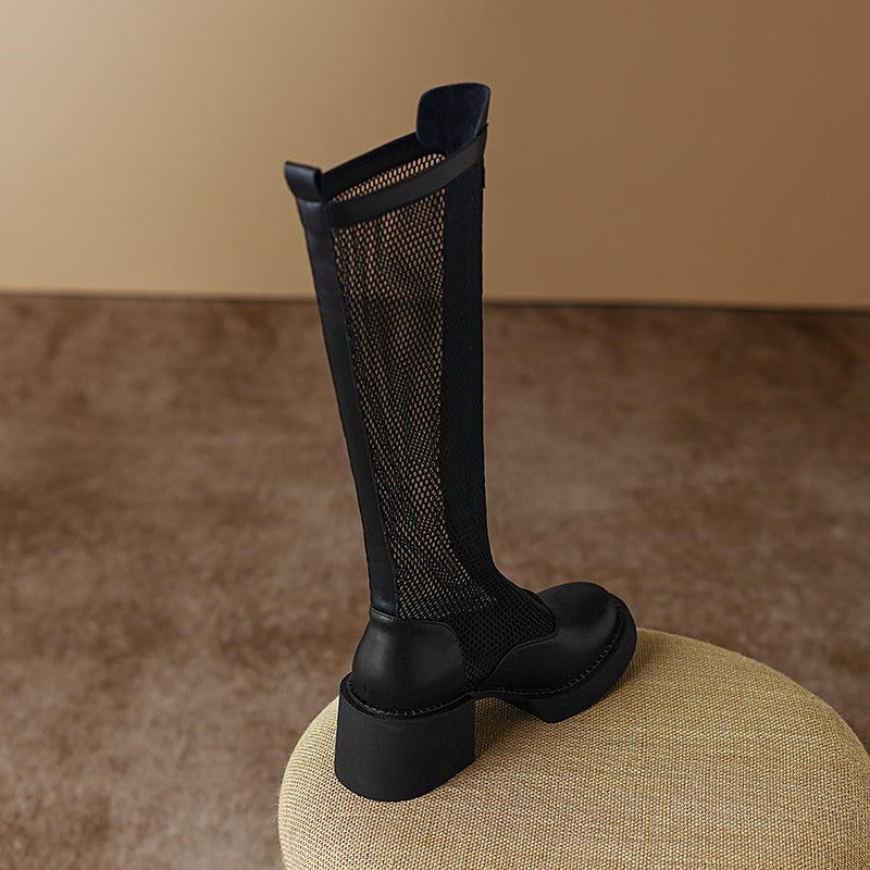 Evie Black Mesh Knee High Boots with Heels