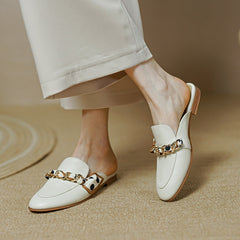 Emi White Flat Loafer Mules