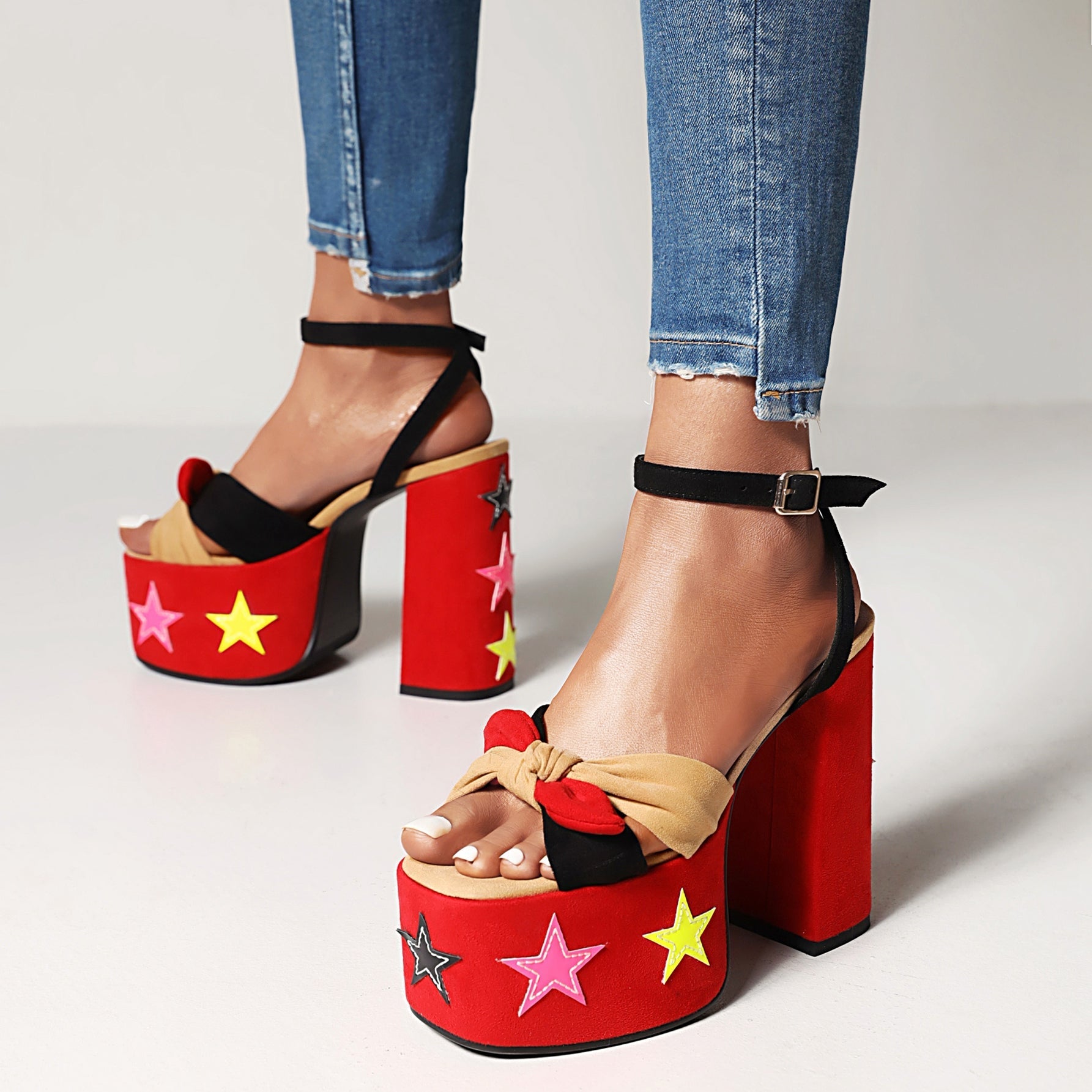 Ellie Platform Red Star Chunky Heel Ankle Strap Sandals