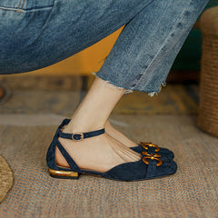 Dina Suede Handmade Ankle Strap Flats with Chain