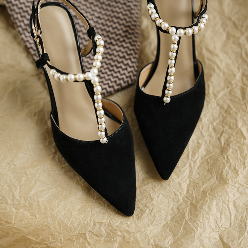 Fern T Strap Heels with Pearls Black