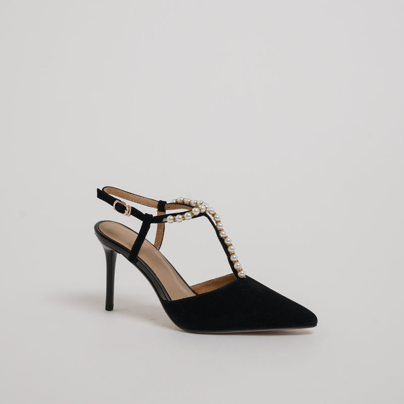 Fern T Strap Heels with Pearls Black